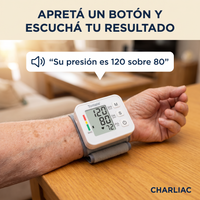 Tensiómetro Charliac diciendo el resultado en voz alta: su presión es 120 sobre 80