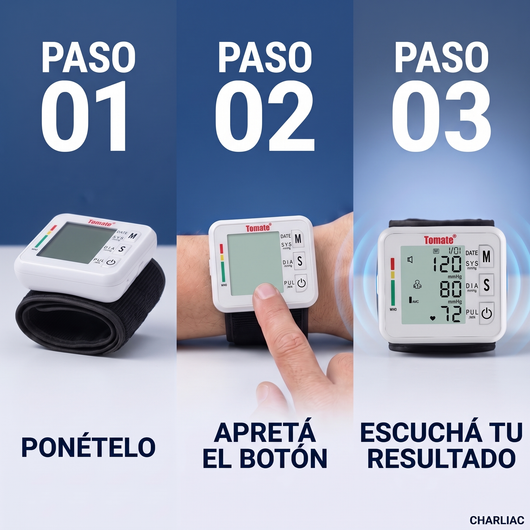 Los 3 pasos para usar el tensiómetro: ponételo, apretá el botón, escuchá tu resultado